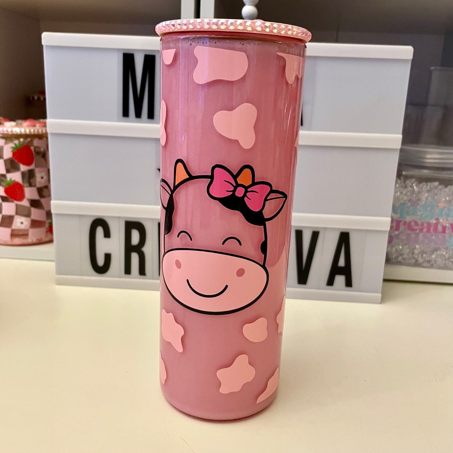 Pink Cow 20oz snow globe Tumbler