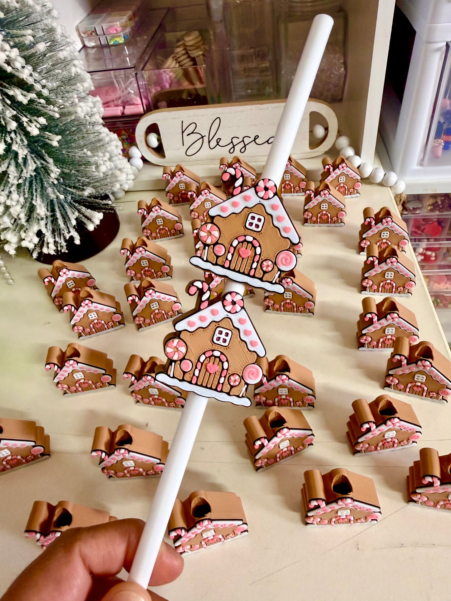 Ginger bread house straw toppers