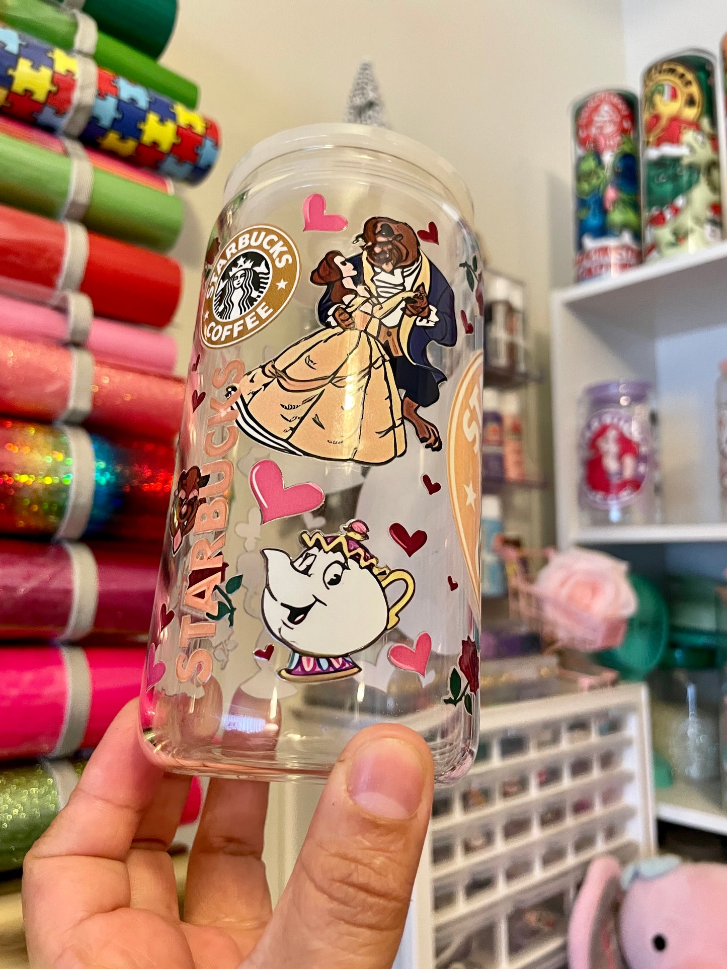 Beauty and the best can glass16.oz With colored lid