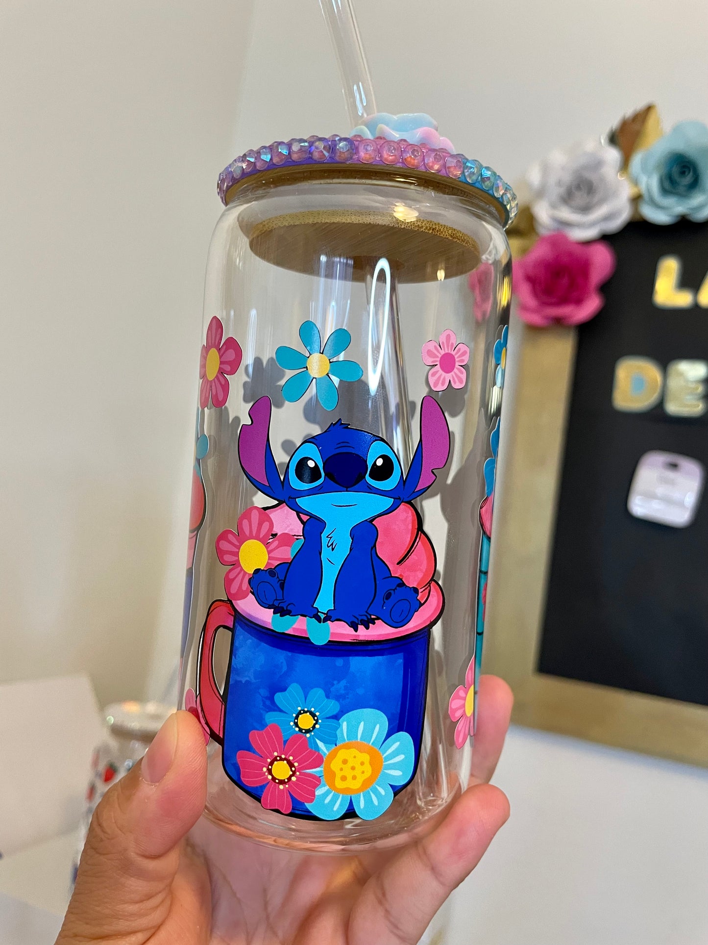stitch can glass with decorated lid