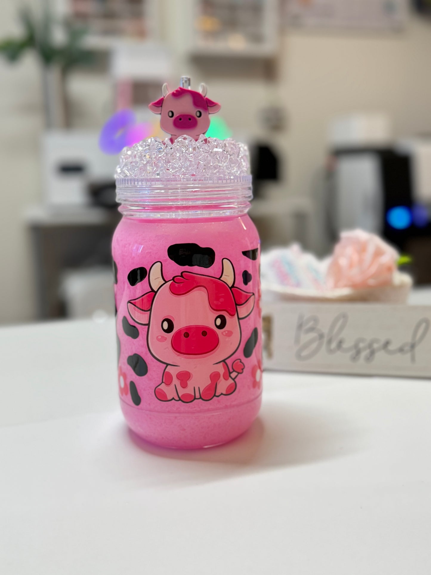 Pink caw snow globe tumbler 22oz
