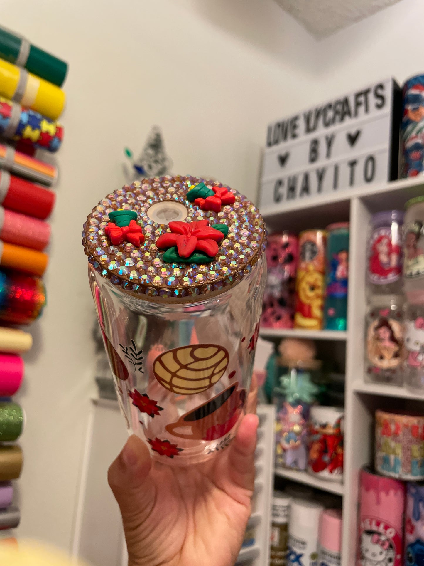 Cafe de olla y nochebuena can glass with rhinestones lid