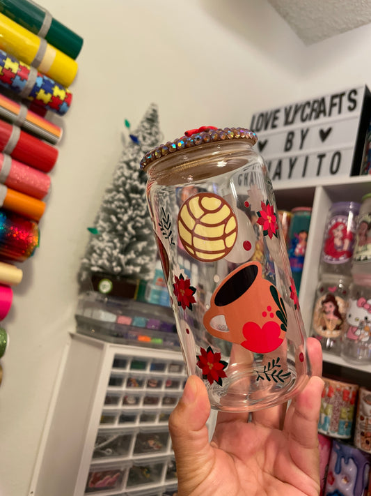 Cafe de olla y nochebuena can glass with rhinestones lid